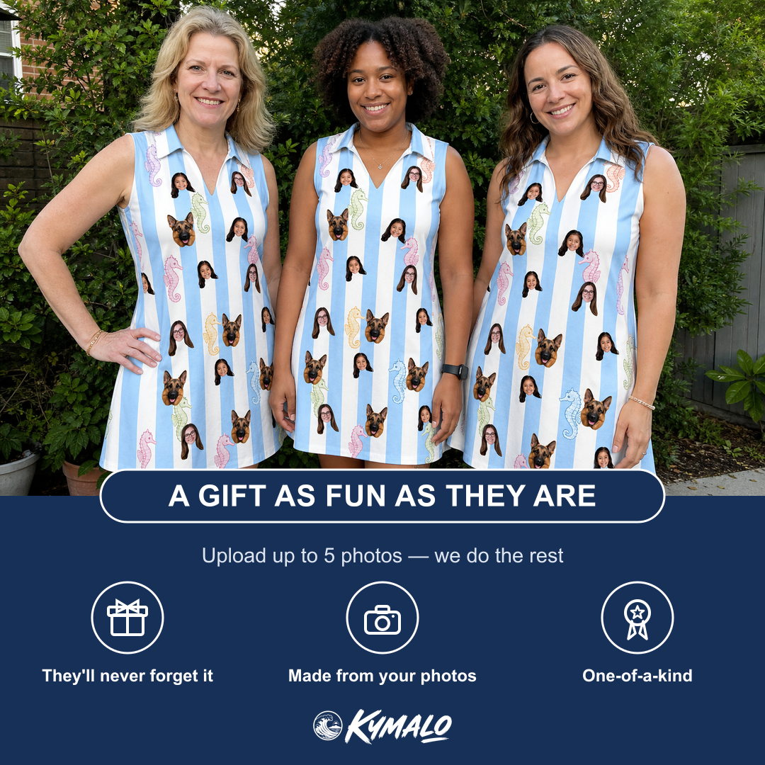 Friends in matching Women's Seahorse Serenade Custom Face V-Neck Dress — a group gift photo