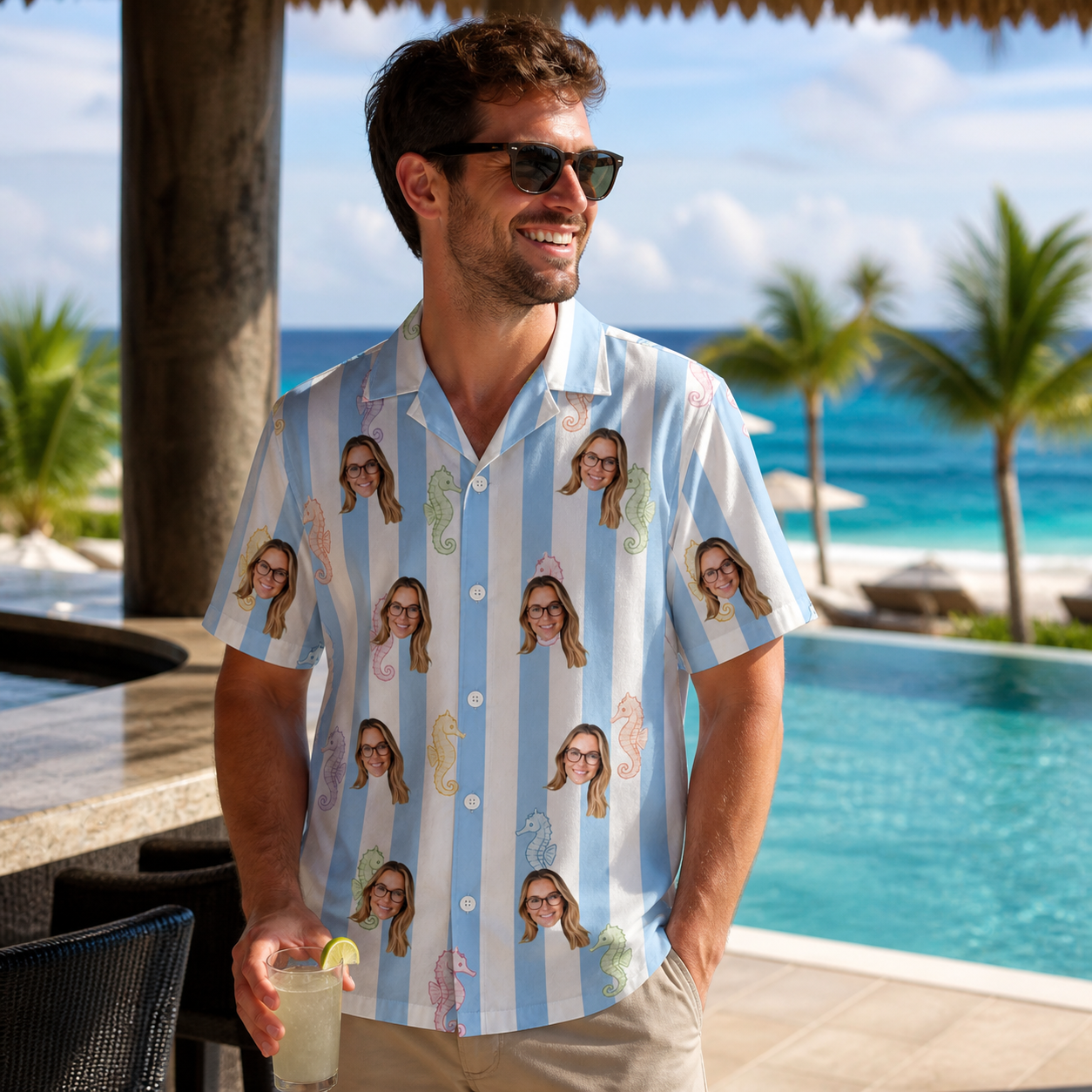 Real-life photo of someone wearing Men's Seahorse Serenade Custom Face Hawaiian Shirt — custom faces printed all-over