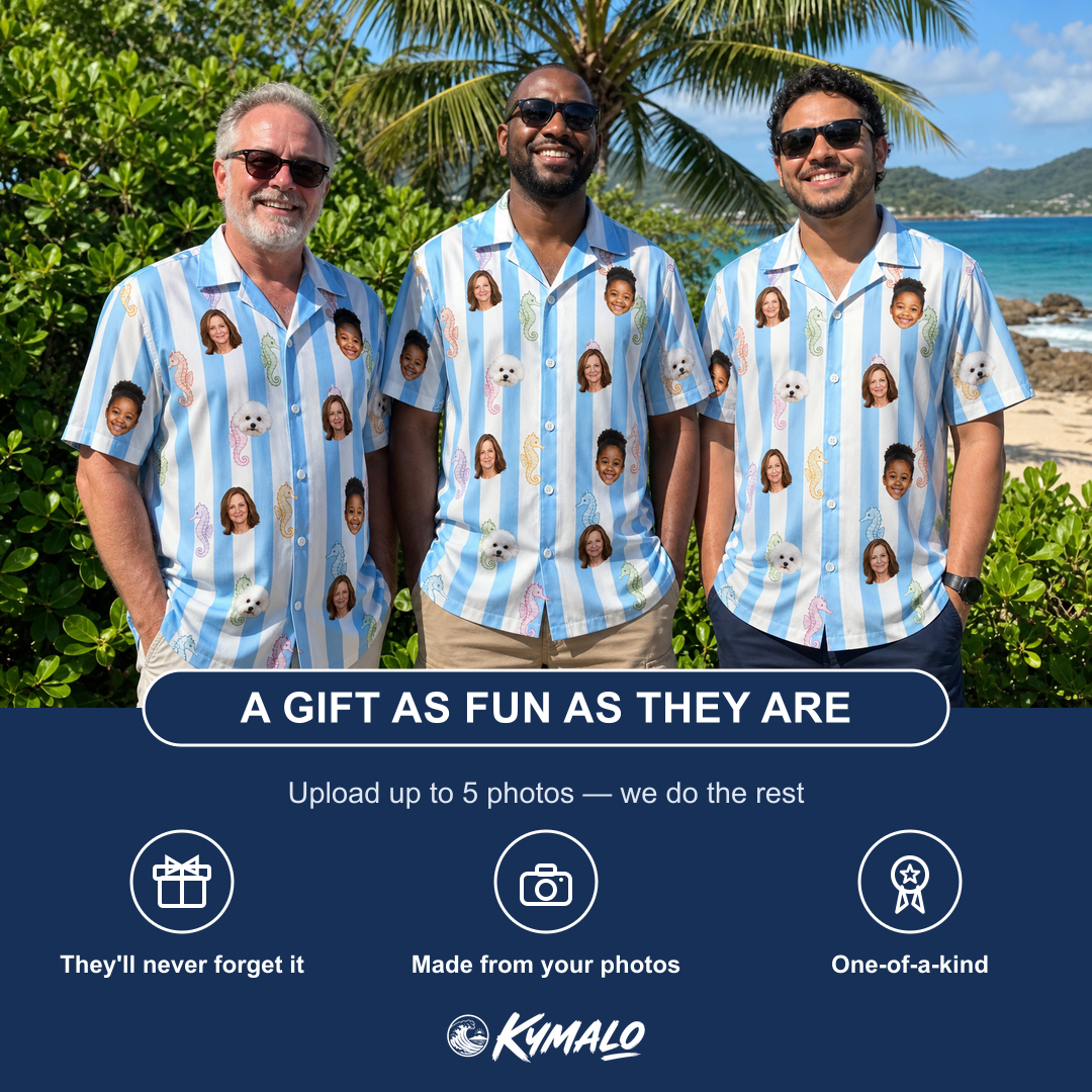 Friends in matching Men's Seahorse Serenade Custom Face Hawaiian Shirt — a group gift photo