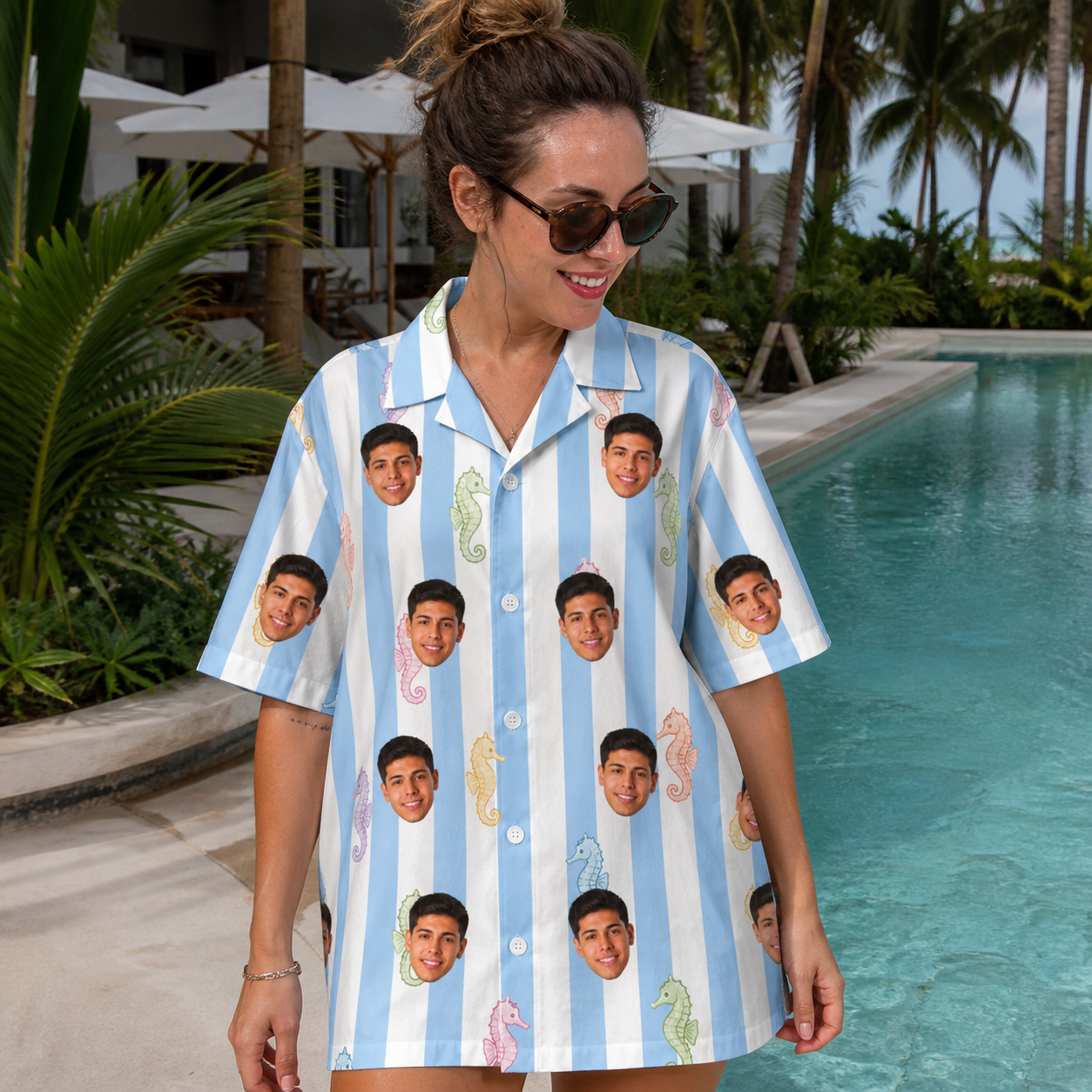 Real-life photo of someone wearing Women's Seahorse Serenade Custom Face Hawaiian Shirt — custom faces printed all-over