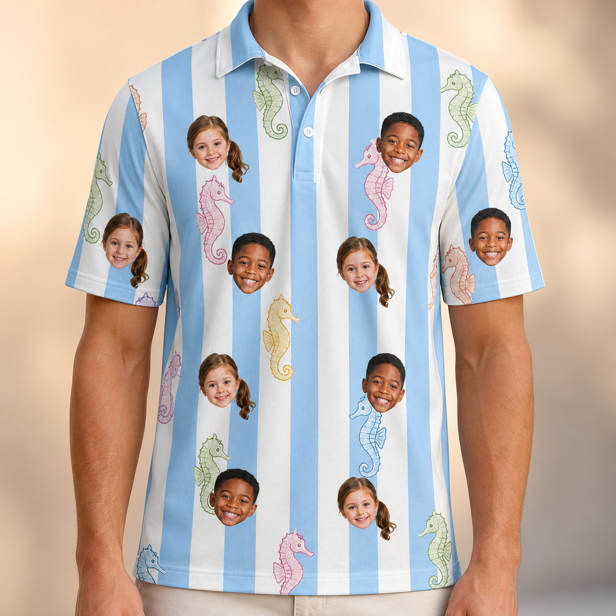 Model wearing Men's Seahorse Serenade Custom Face Polo Shirt printed with kids' faces