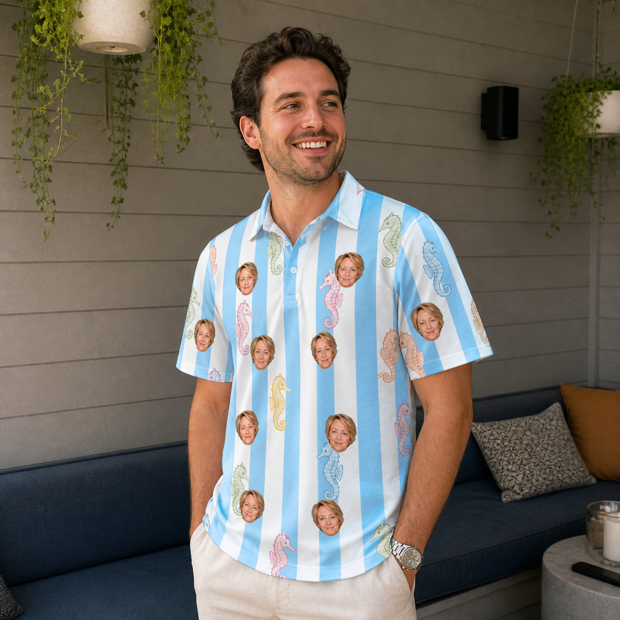 Real-life photo of someone wearing Men's Seahorse Serenade Custom Face Polo Shirt — custom faces printed all-over