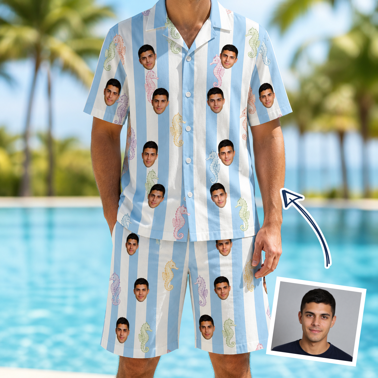 Man wearing Men's Seahorse Serenade Custom Face Shirt & Shorts Set — custom faces printed all-over