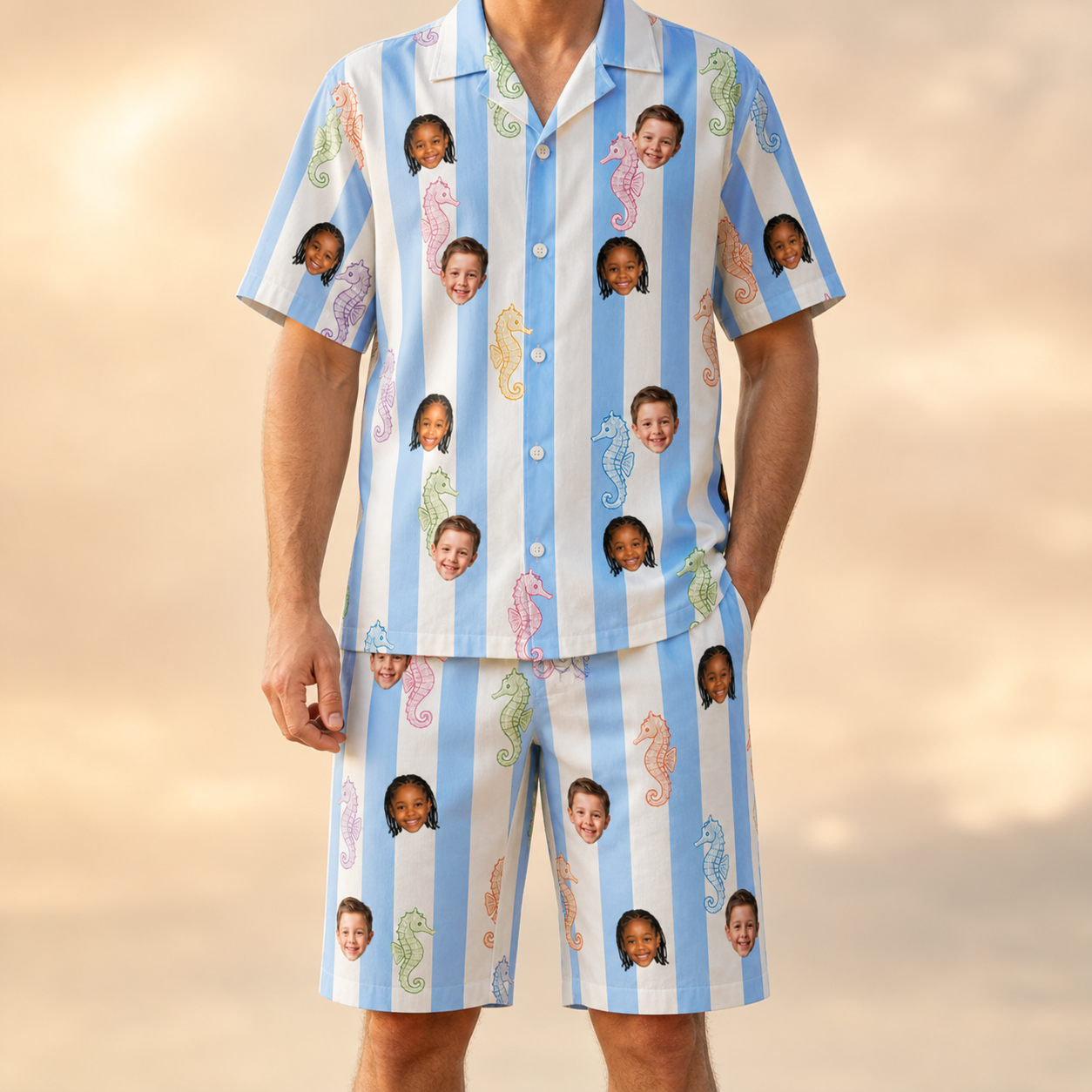 Model wearing Men's Seahorse Serenade Custom Face Shirt & Shorts Set printed with kids' faces