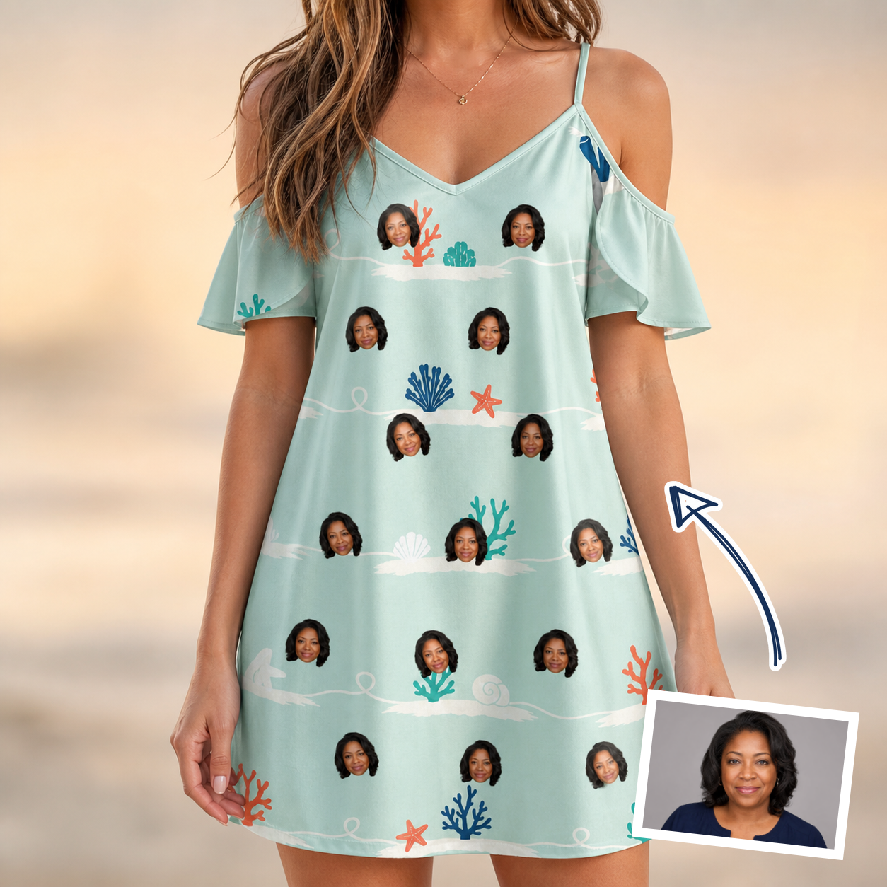 Woman wearing Women's Coral Current Custom Face Off-Shoulder Dress — custom faces printed all-over
