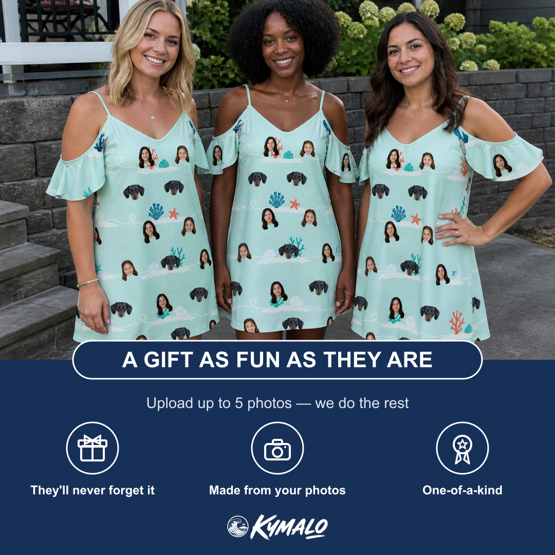 Friends in matching Women's Coral Current Custom Face Off-Shoulder Dress — a group gift photo