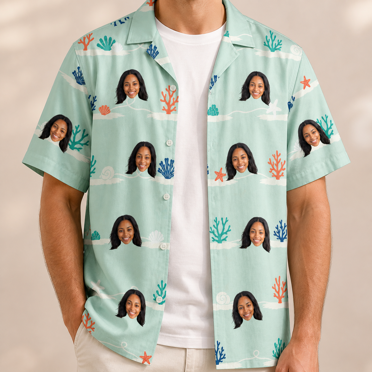 Man wearing Men's Coral Current Custom Face Hawaiian Shirt open over a white tee