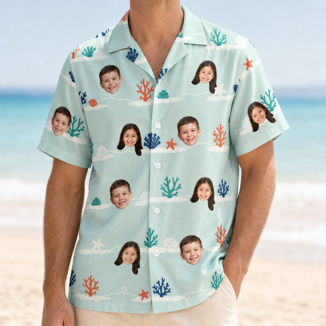 Model wearing Men's Coral Current Custom Face Hawaiian Shirt printed with kids' faces