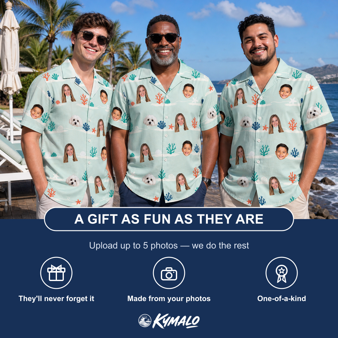 Friends in matching Men's Coral Current Custom Face Hawaiian Shirt — a group gift photo