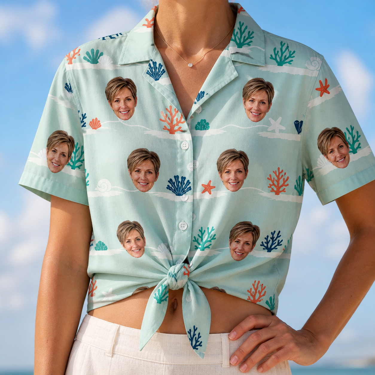 Woman wearing Women's Coral Current Custom Face Hawaiian Shirt tied at the waist