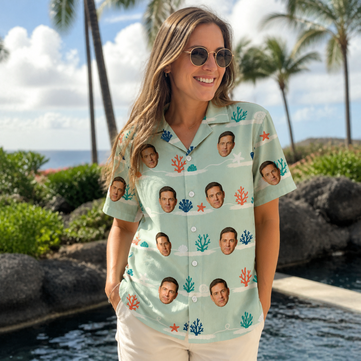 Real-life photo of someone wearing Women's Coral Current Custom Face Hawaiian Shirt — custom faces printed all-over