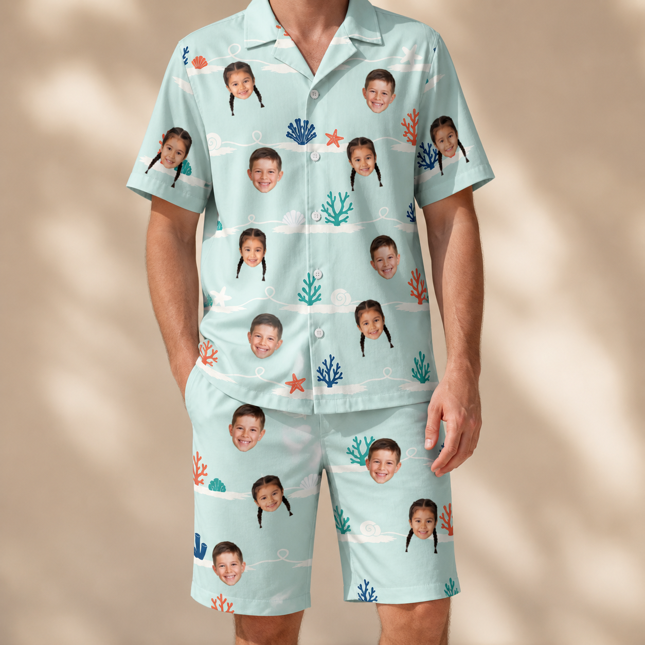 Model wearing Men's Coral Current Custom Face Shirt & Shorts Set printed with kids' faces