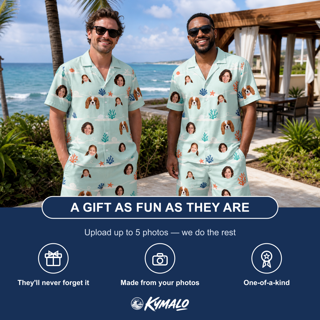 Friends in matching Men's Coral Current Custom Face Shirt & Shorts Set — a group gift photo
