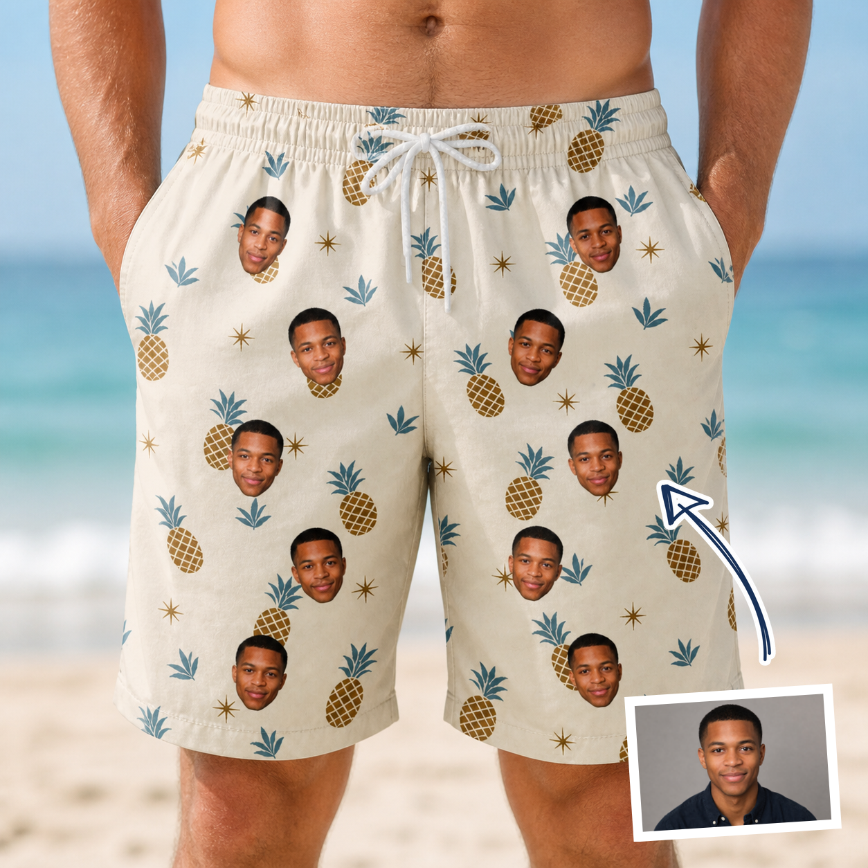 Man wearing Men's Ananas Afterglow Custom Face Beach Shorts — custom faces printed all-over