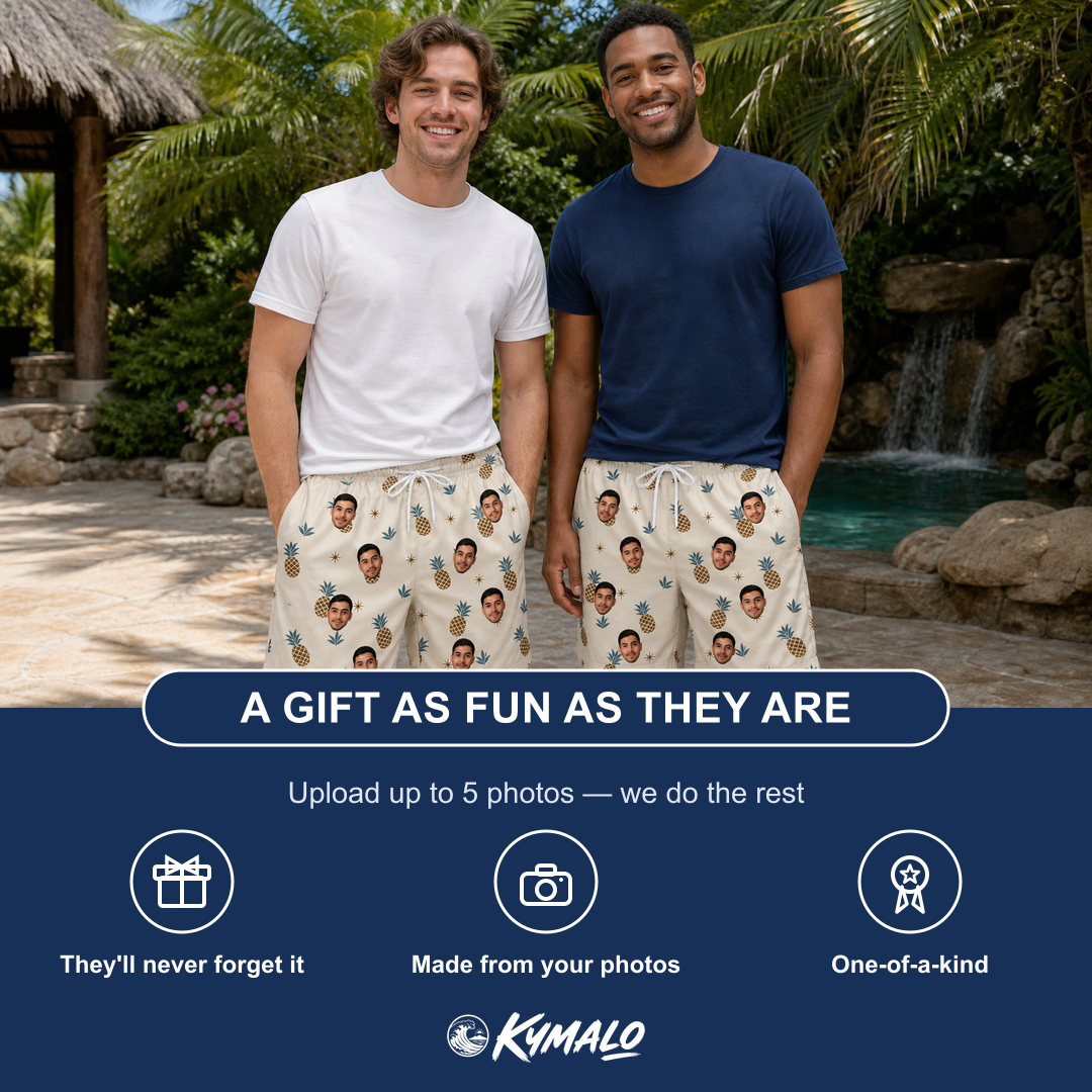 Friends in matching Men's Ananas Afterglow Custom Face Beach Shorts — a group gift photo