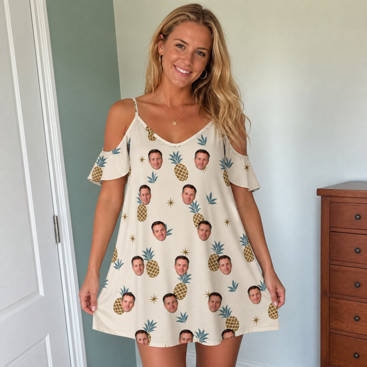 Real-life photo of someone wearing Women's Ananas Afterglow Custom Face Off-Shoulder Dress — custom faces printed all-over