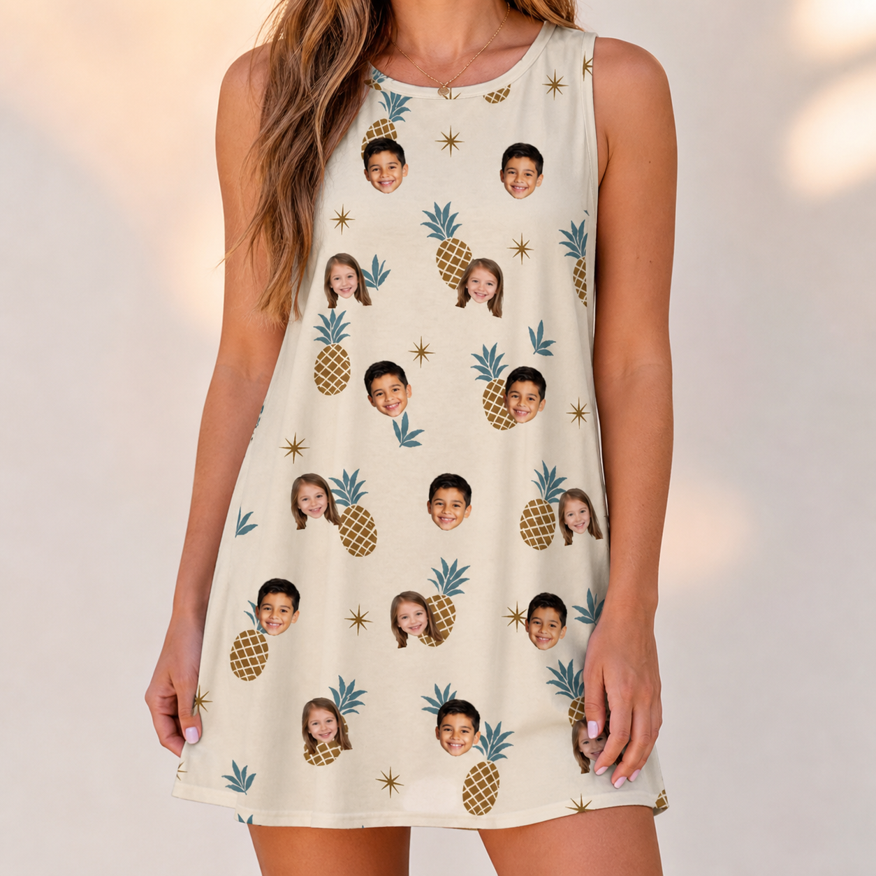Model wearing Women's Ananas Afterglow Custom Face Tank Dress printed with kids' faces