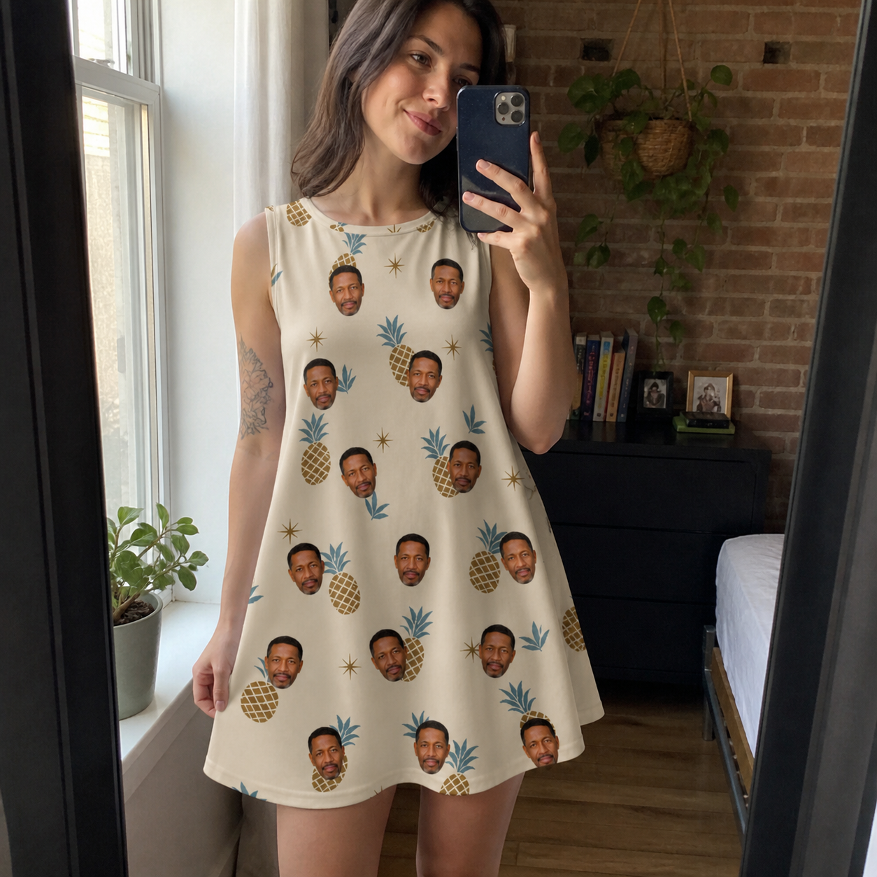 Real-life photo of someone wearing Women's Ananas Afterglow Custom Face Tank Dress — custom faces printed all-over