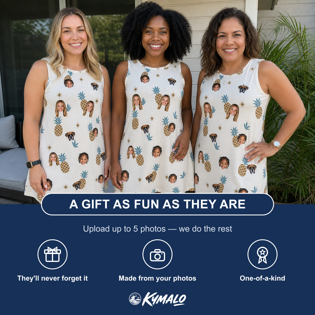 Friends in matching Women's Ananas Afterglow Custom Face Tank Dress — a group gift photo