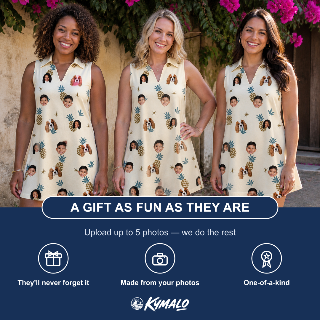 Friends in matching Women's Ananas Afterglow Custom Face V-Neck Dress — a group gift photo