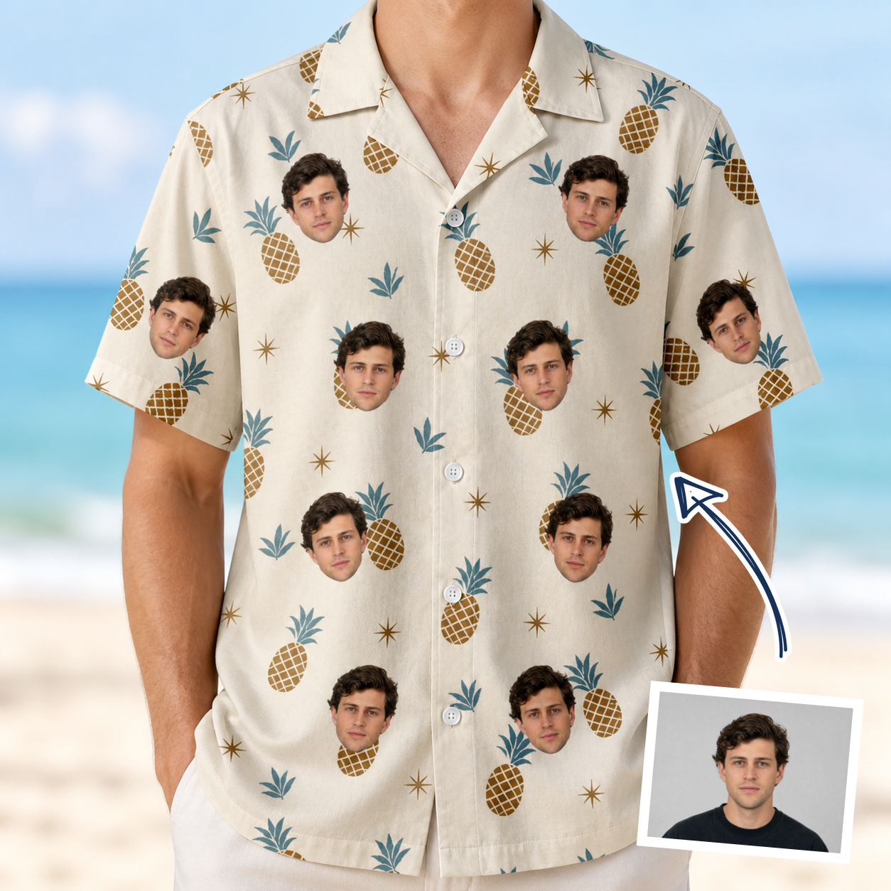 Man wearing Men's Ananas Afterglow Custom Face Hawaiian Shirt — custom faces printed all-over