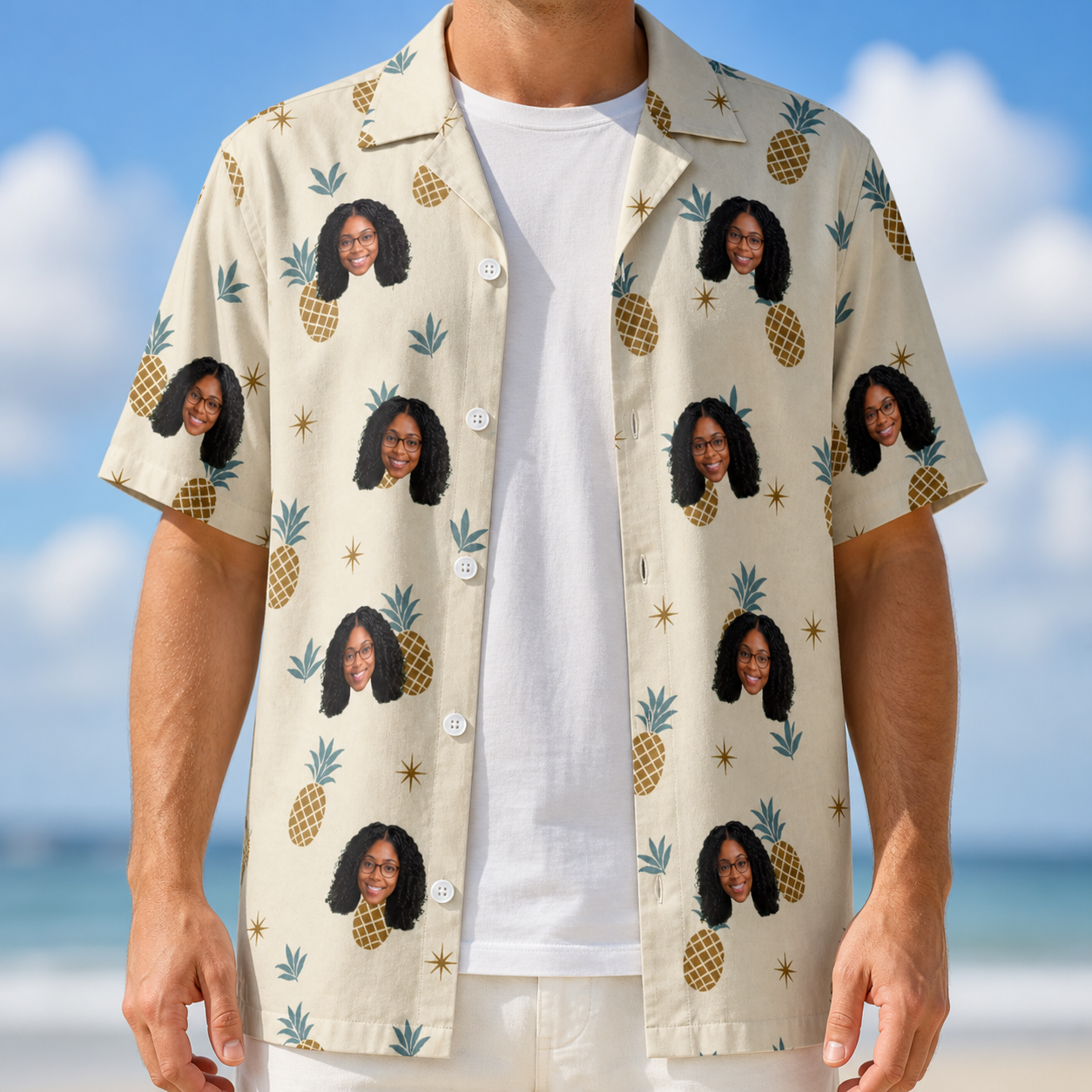 Man wearing Men's Ananas Afterglow Custom Face Hawaiian Shirt open over a white tee
