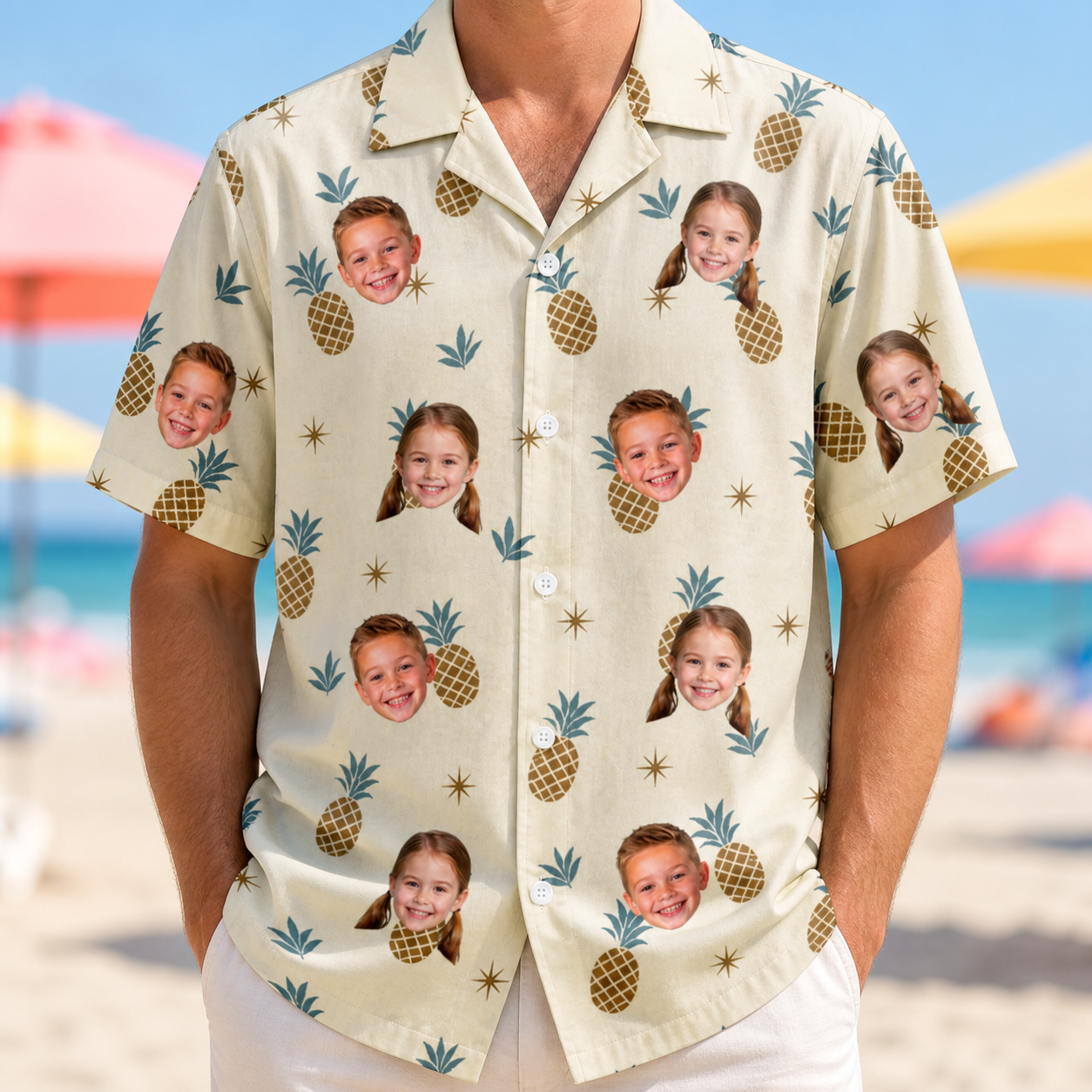Model wearing Men's Ananas Afterglow Custom Face Hawaiian Shirt printed with kids' faces