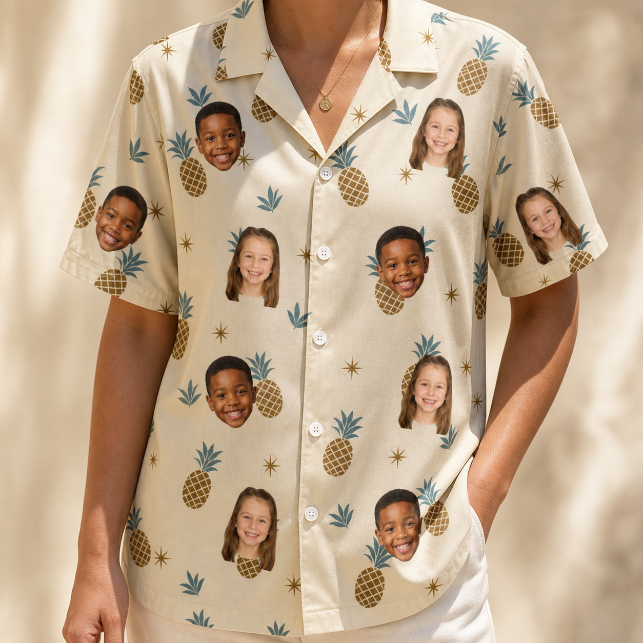 Model wearing Women's Ananas Afterglow Custom Face Hawaiian Shirt printed with kids' faces