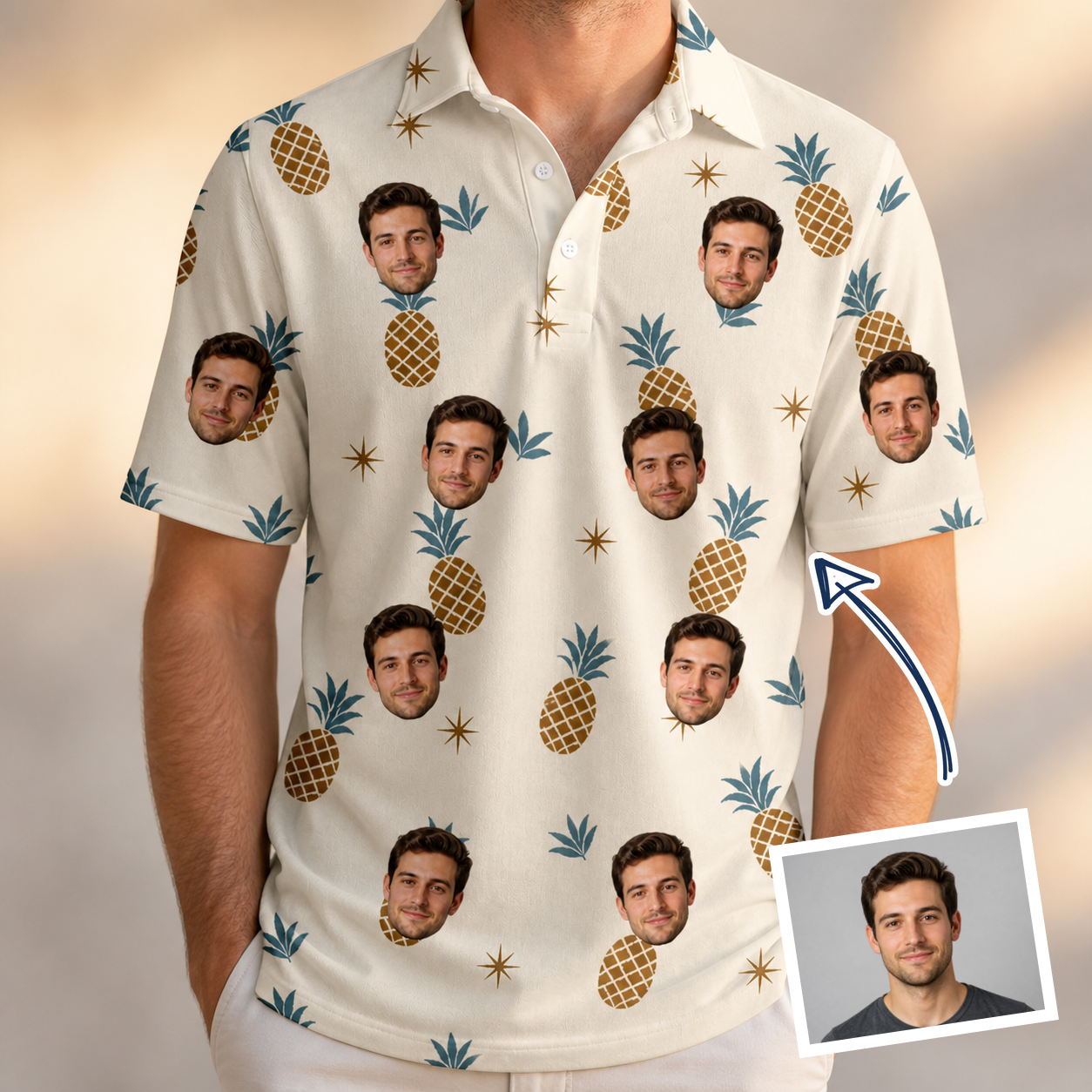Man wearing Men's Ananas Afterglow Custom Face Polo Shirt — custom faces printed all-over