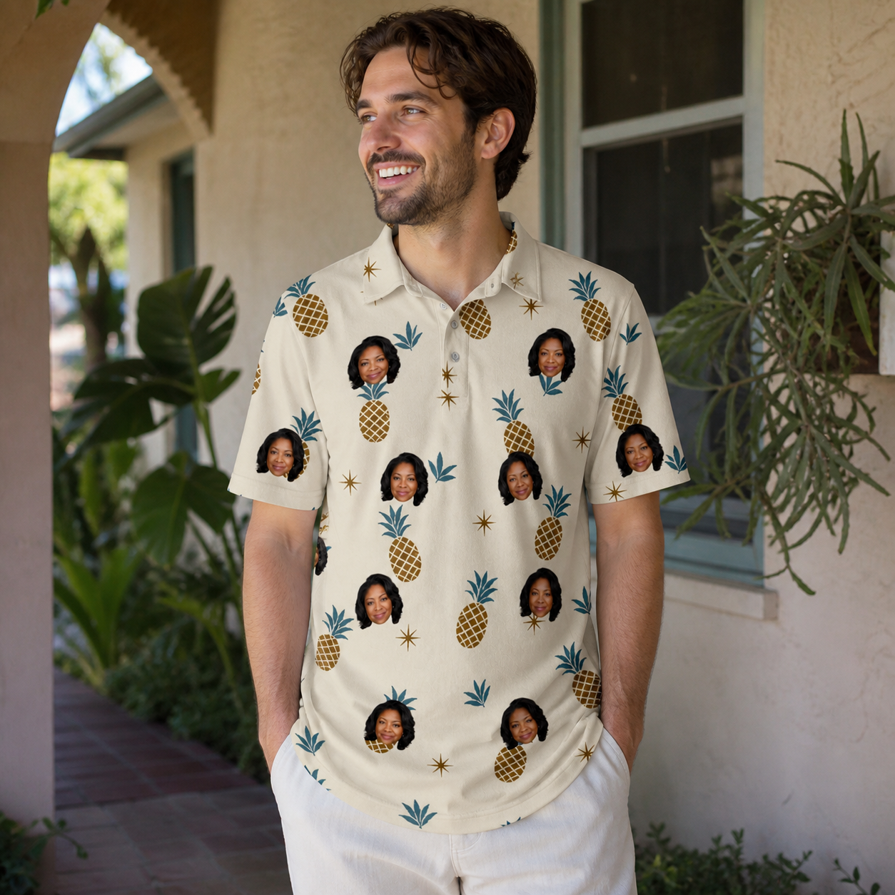 Real-life photo of someone wearing Men's Ananas Afterglow Custom Face Polo Shirt — custom faces printed all-over