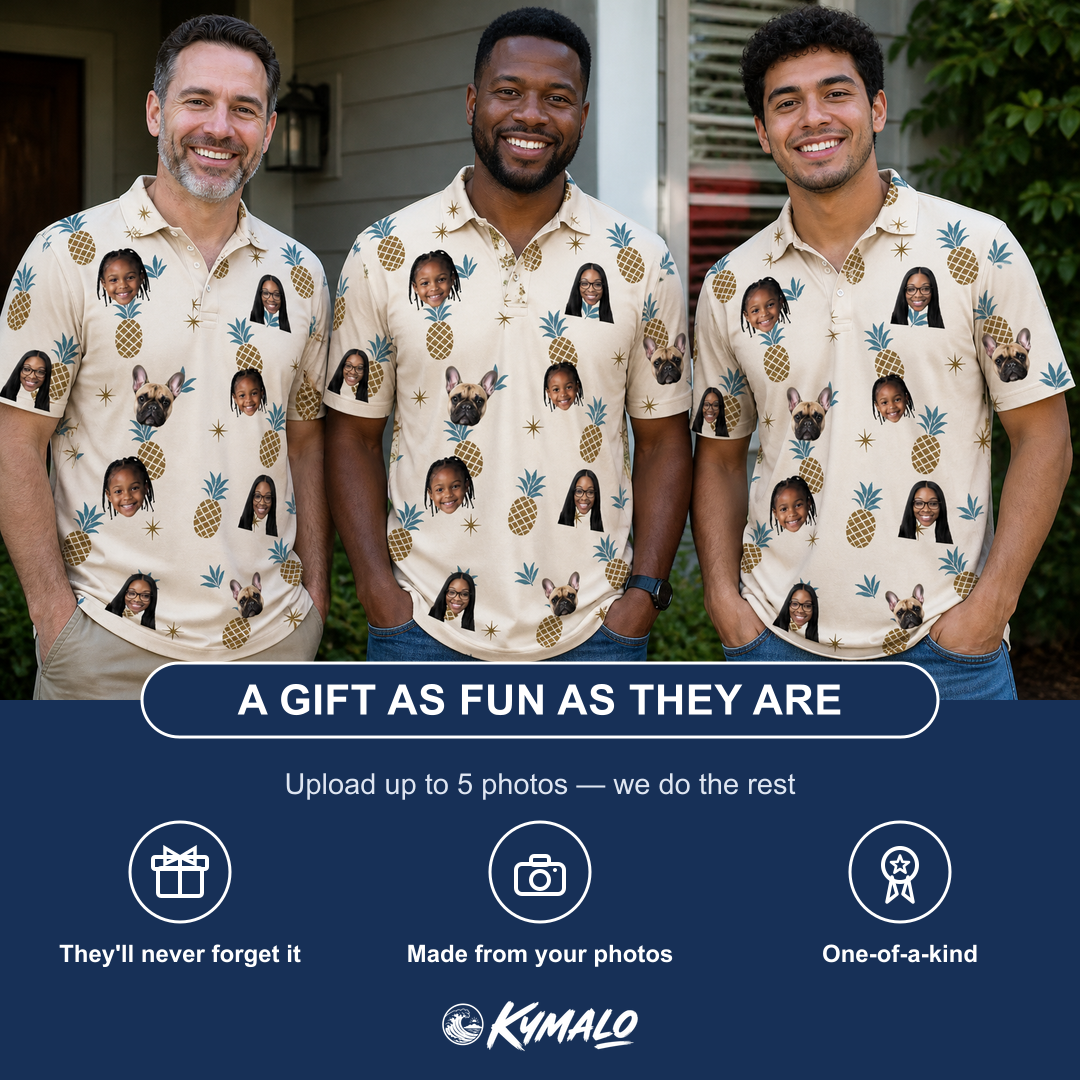 Friends in matching Men's Ananas Afterglow Custom Face Polo Shirt — a group gift photo