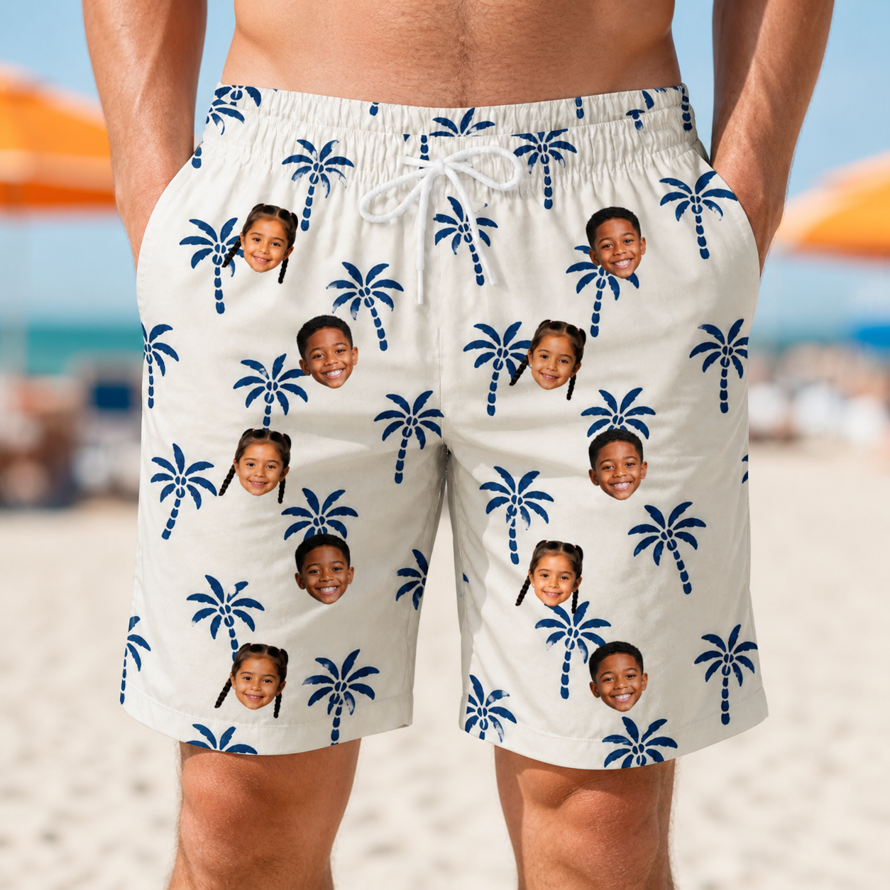 Model wearing Men's Technicolor Tropics Custom Face Beach Shorts printed with kids' faces