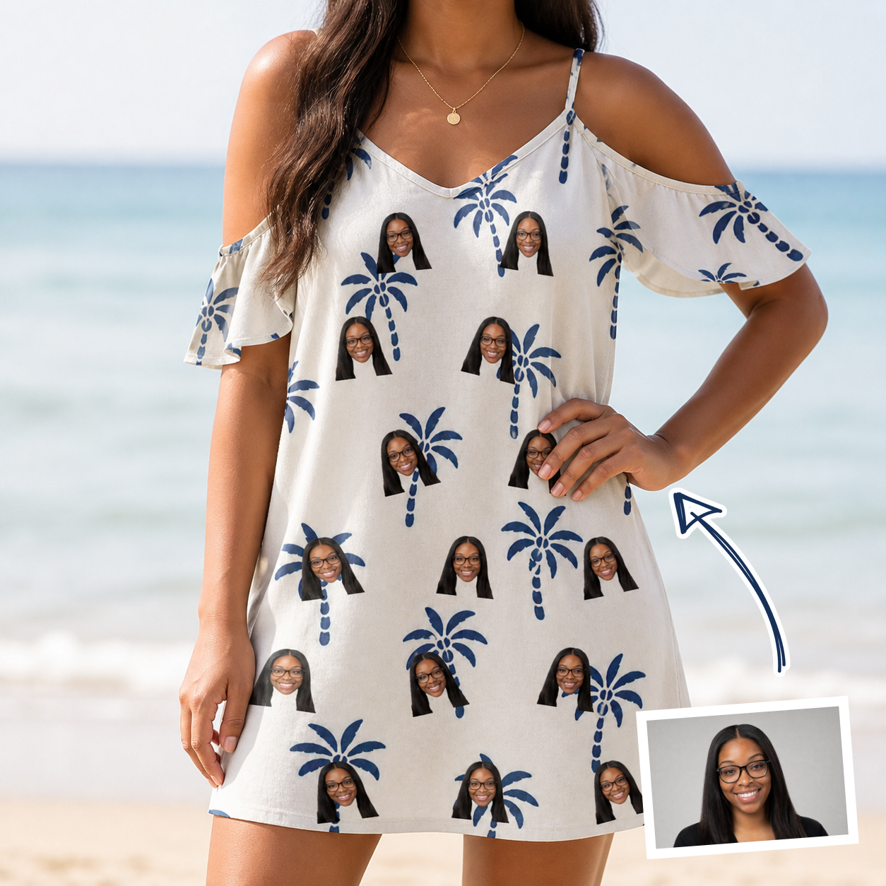 Woman wearing Women's Technicolor Tropics Custom Face Off-Shoulder Dress — custom faces printed all-over