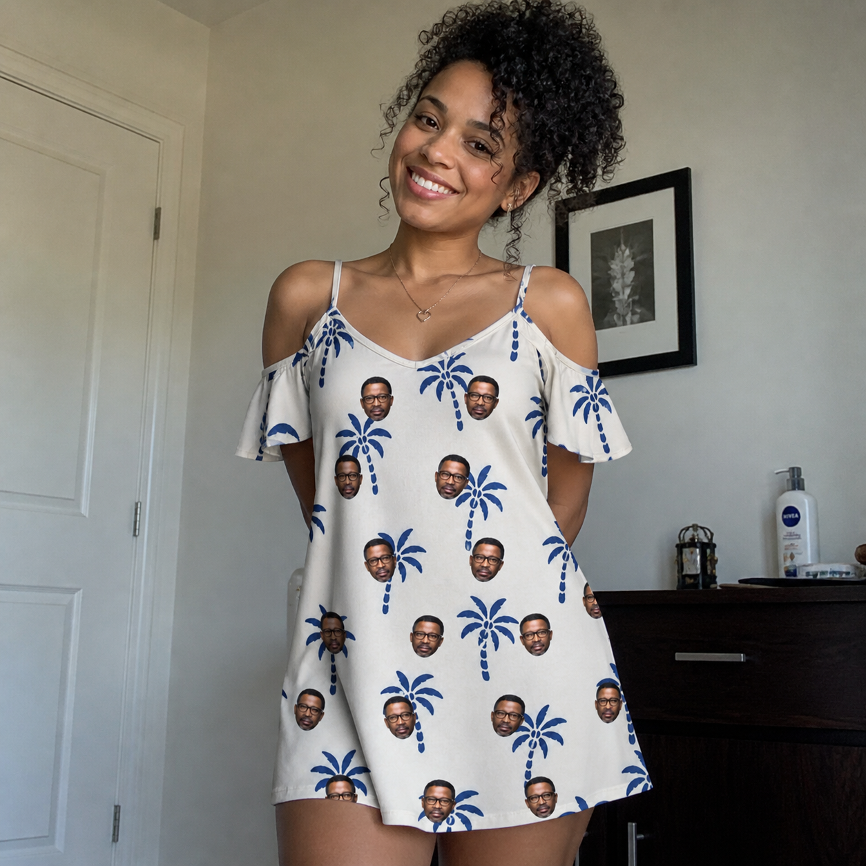 Real-life photo of someone wearing Women's Technicolor Tropics Custom Face Off-Shoulder Dress — custom faces printed all-over