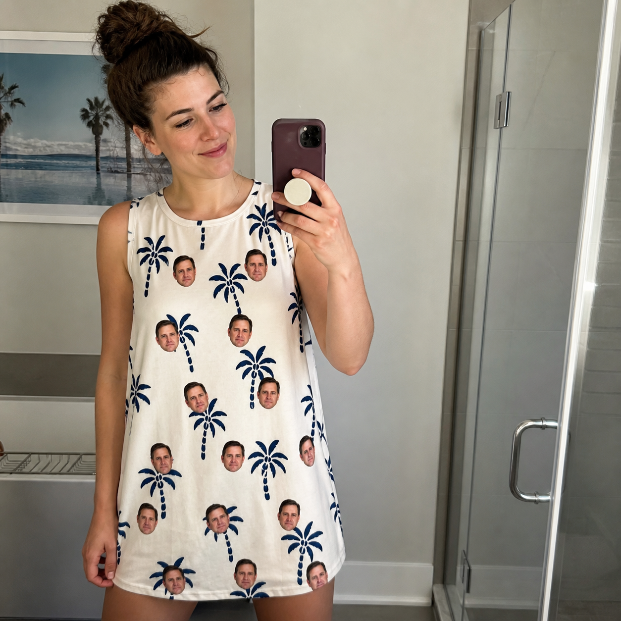 Real-life photo of someone wearing Women's Technicolor Tropics Custom Face Tank Dress — custom faces printed all-over