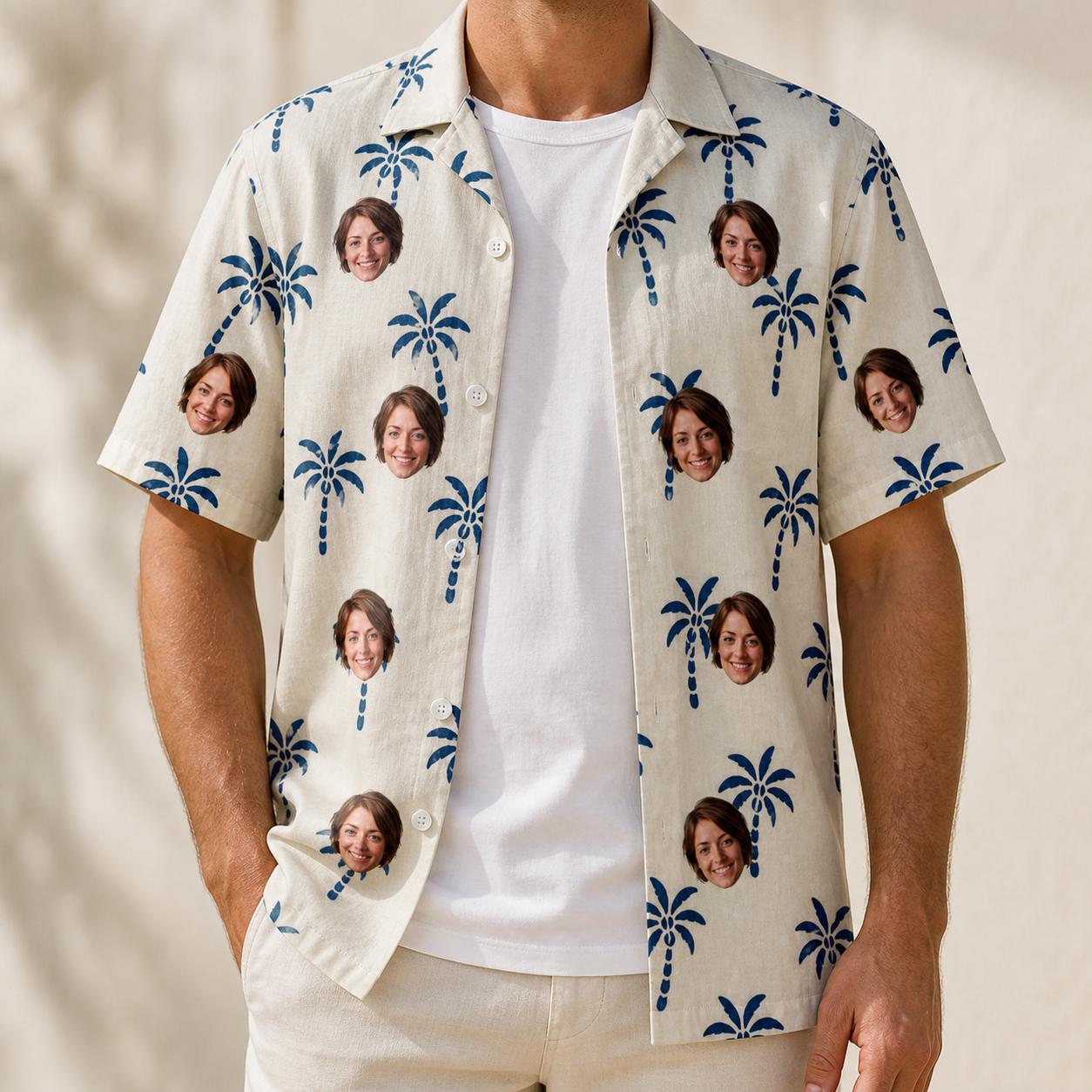 Man wearing Men's Technicolor Tropics Custom Face Hawaiian Shirt open over a white tee