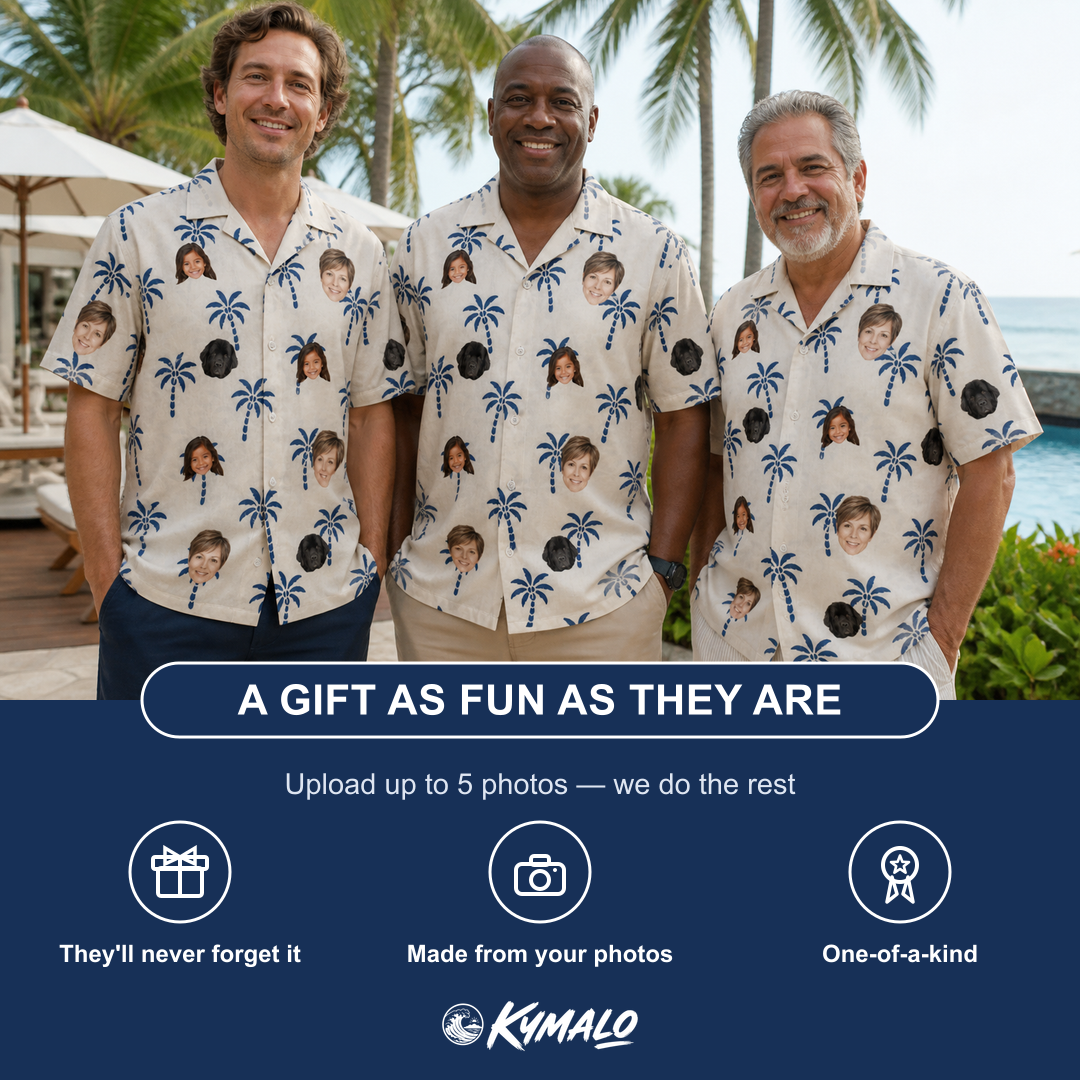 Friends in matching Men's Technicolor Tropics Custom Face Hawaiian Shirt — a group gift photo