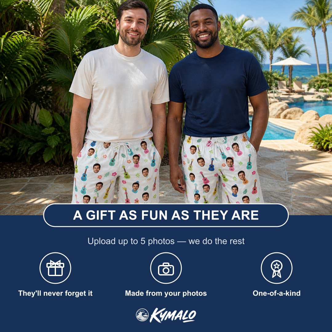 Friends in matching Men's Ukulele Utopia Custom Face Beach Shorts — a group gift photo