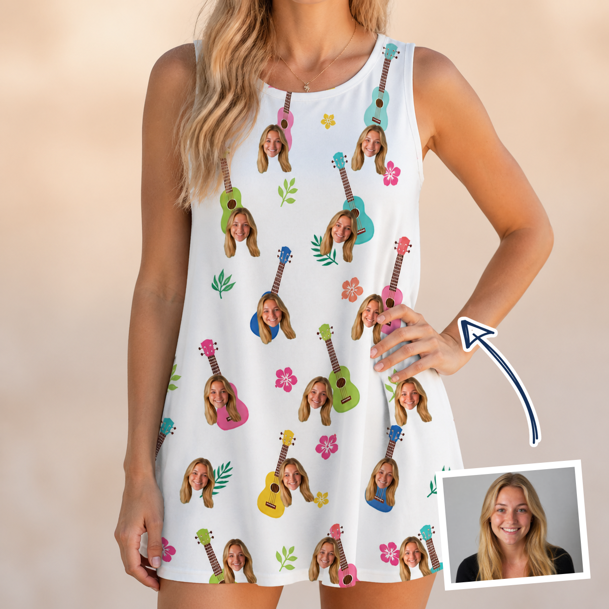 Woman wearing Women's Ukulele Utopia Custom Face Tank Dress — custom faces printed all-over