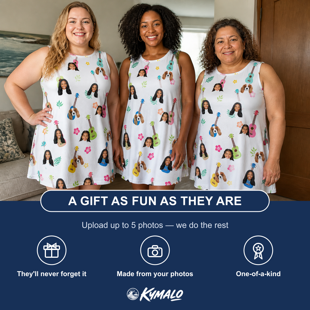 Friends in matching Women's Ukulele Utopia Custom Face Tank Dress — a group gift photo