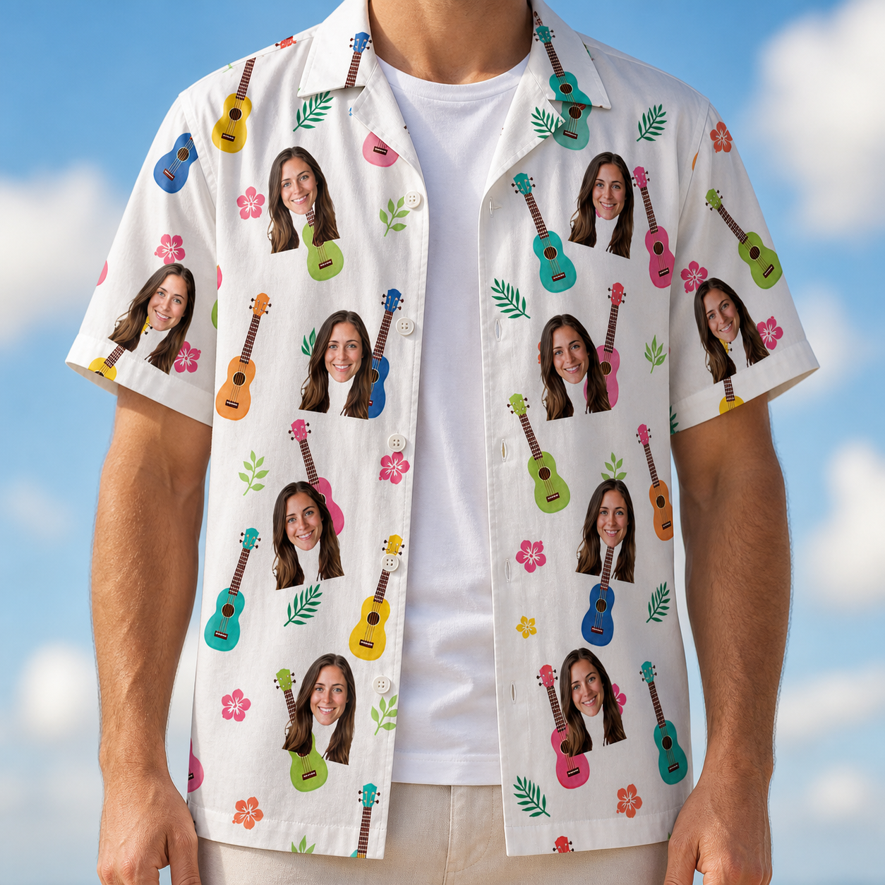 Man wearing Men's Ukulele Utopia Custom Face Hawaiian Shirt open over a white tee