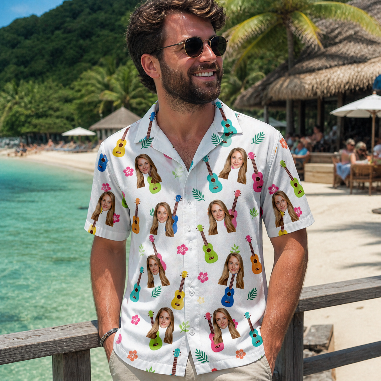 Real-life photo of someone wearing Men's Ukulele Utopia Custom Face Hawaiian Shirt — custom faces printed all-over