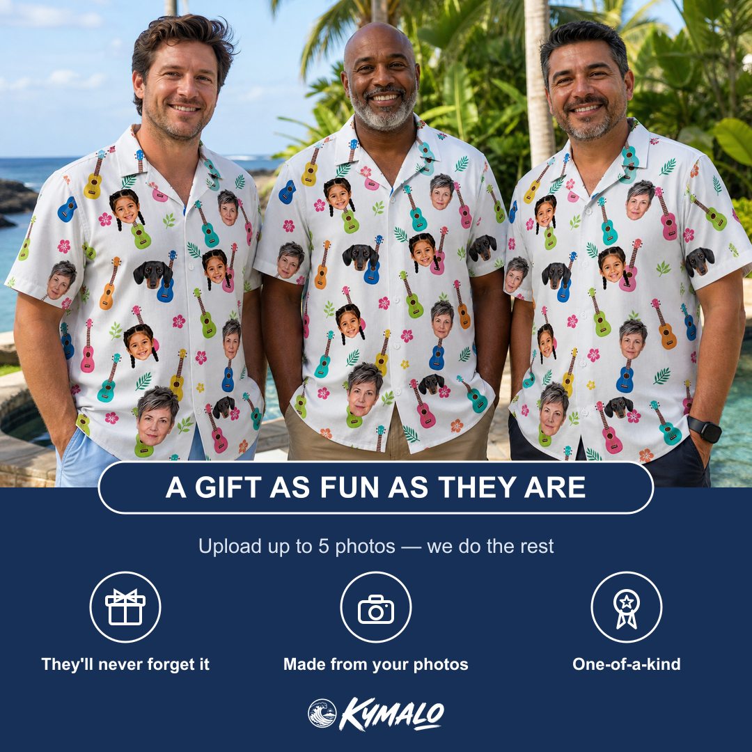 Friends in matching Men's Ukulele Utopia Custom Face Hawaiian Shirt — a group gift photo