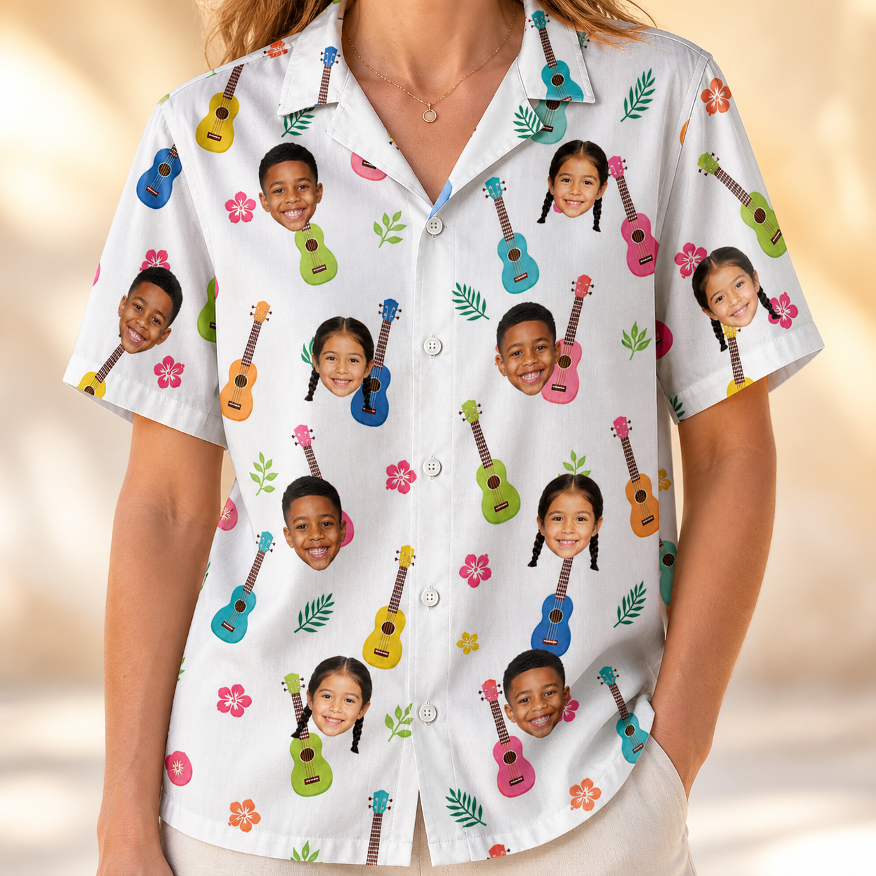 Model wearing Women's Ukulele Utopia Custom Face Hawaiian Shirt printed with kids' faces