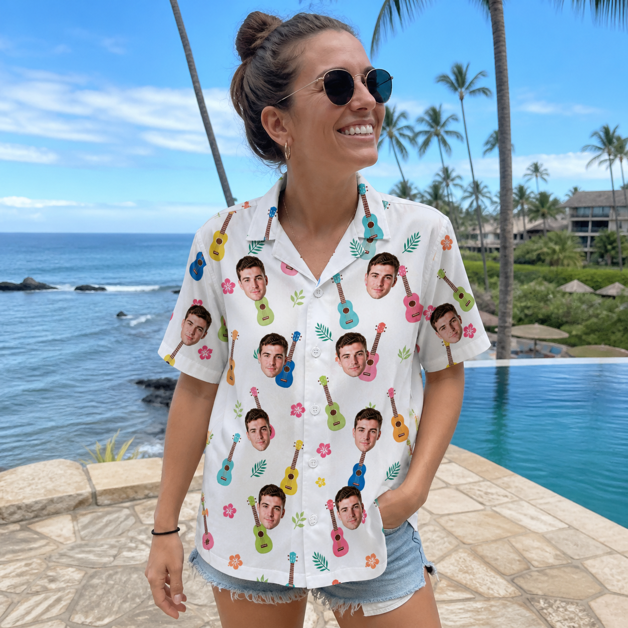 Real-life photo of someone wearing Women's Ukulele Utopia Custom Face Hawaiian Shirt — custom faces printed all-over