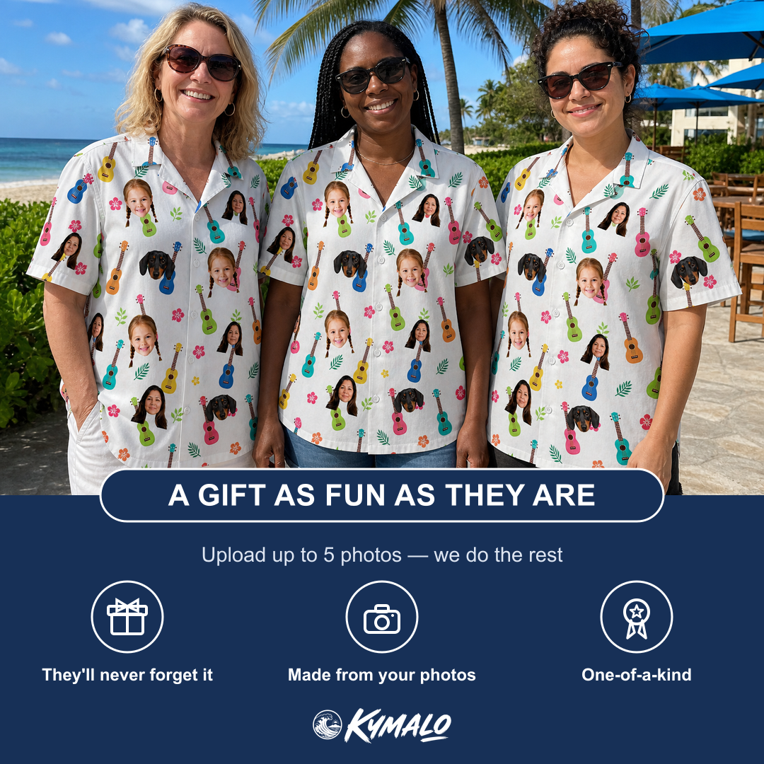 Friends in matching Women's Ukulele Utopia Custom Face Hawaiian Shirt — a group gift photo
