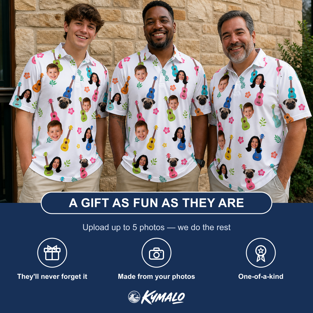 Friends in matching Men's Ukulele Utopia Custom Face Polo Shirt — a group gift photo
