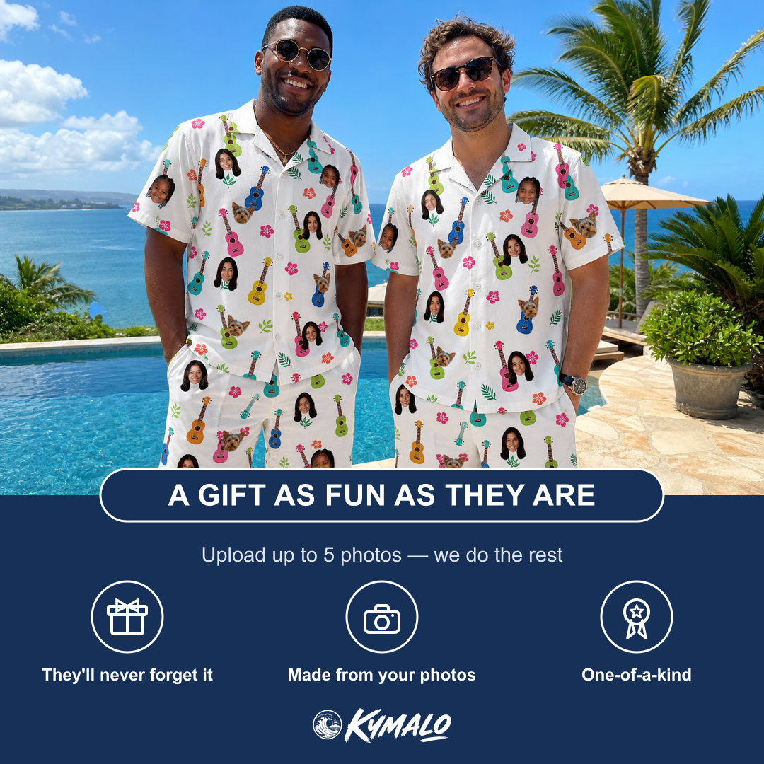 Friends in matching Men's Ukulele Utopia Custom Face Shirt & Shorts Set — a group gift photo