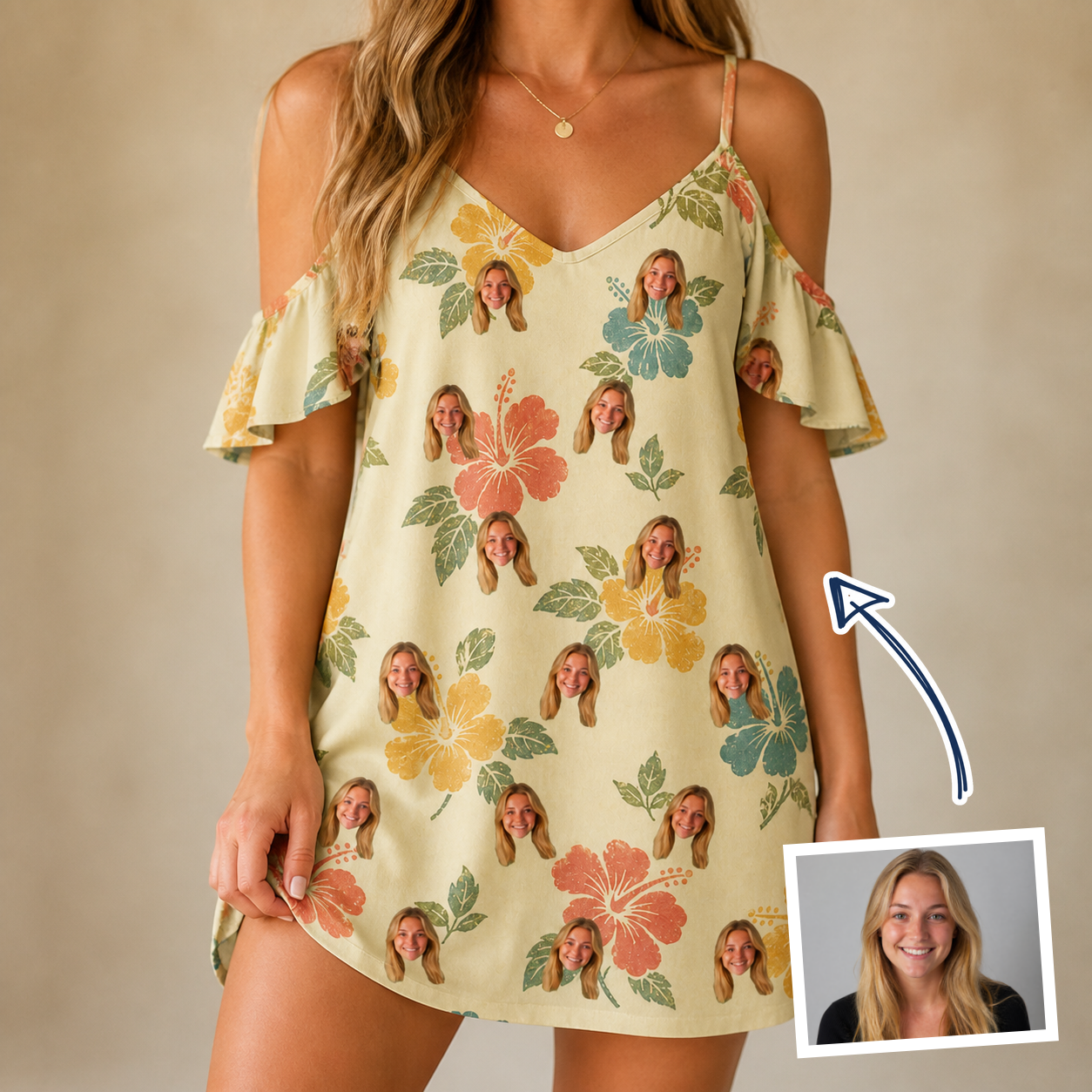 Woman wearing Women's Atomic Atoll Custom Face Off-Shoulder Dress — custom faces printed all-over