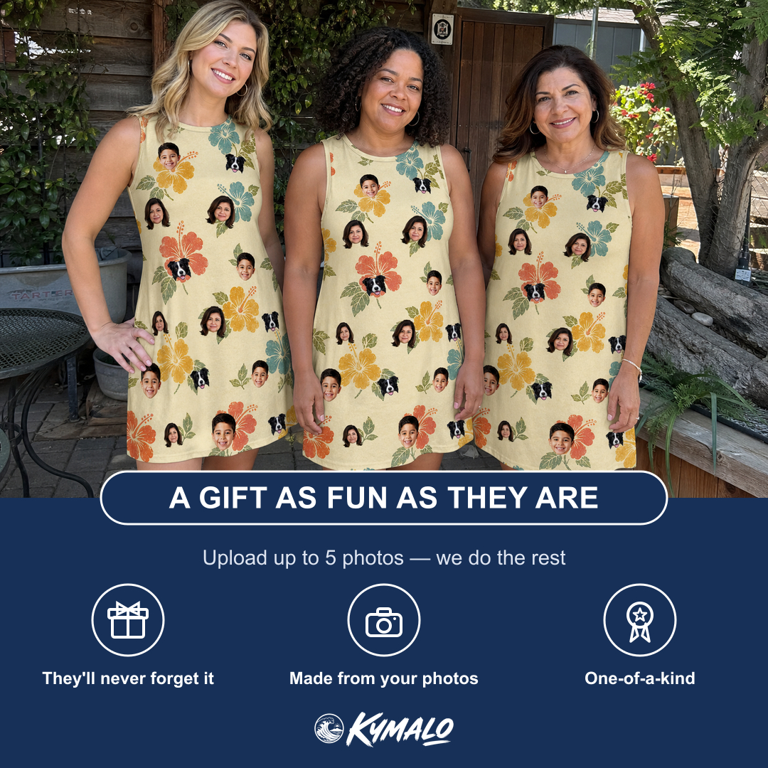 Friends in matching Women's Atomic Atoll Custom Face Tank Dress — a group gift photo